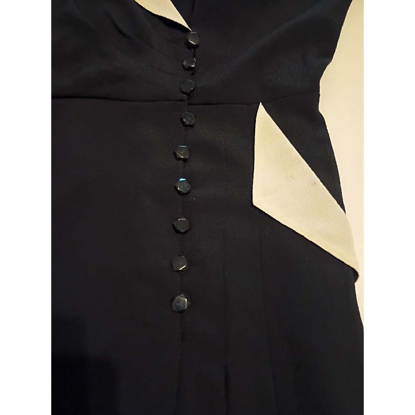 VTG Source Unknown Women&rsquo;s Black Midi Dress with Cream Trim Pleated Sz S