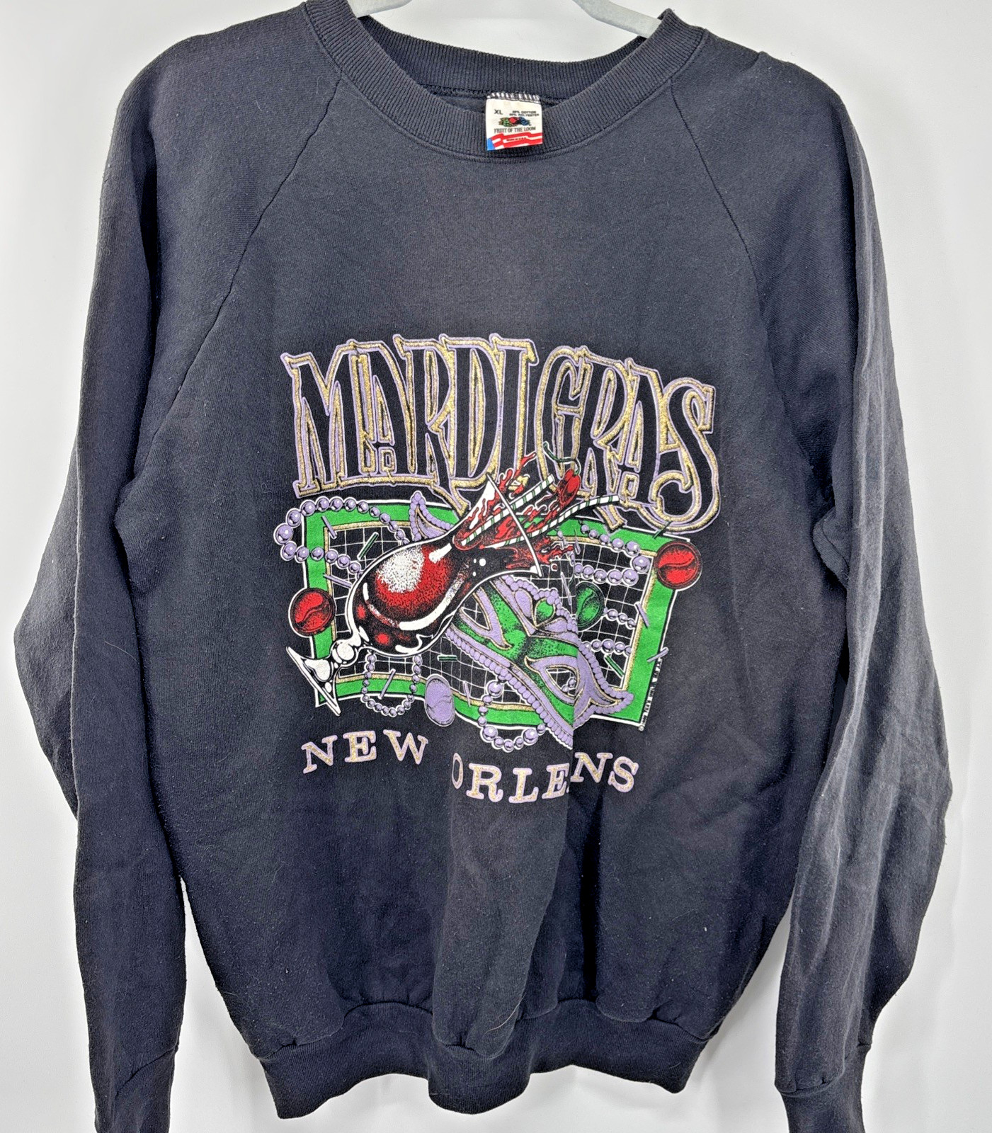 Vintage 90s Mardi Gras Sweatshirt Mens XL Black New Orleans Fleece Pullover Y2K