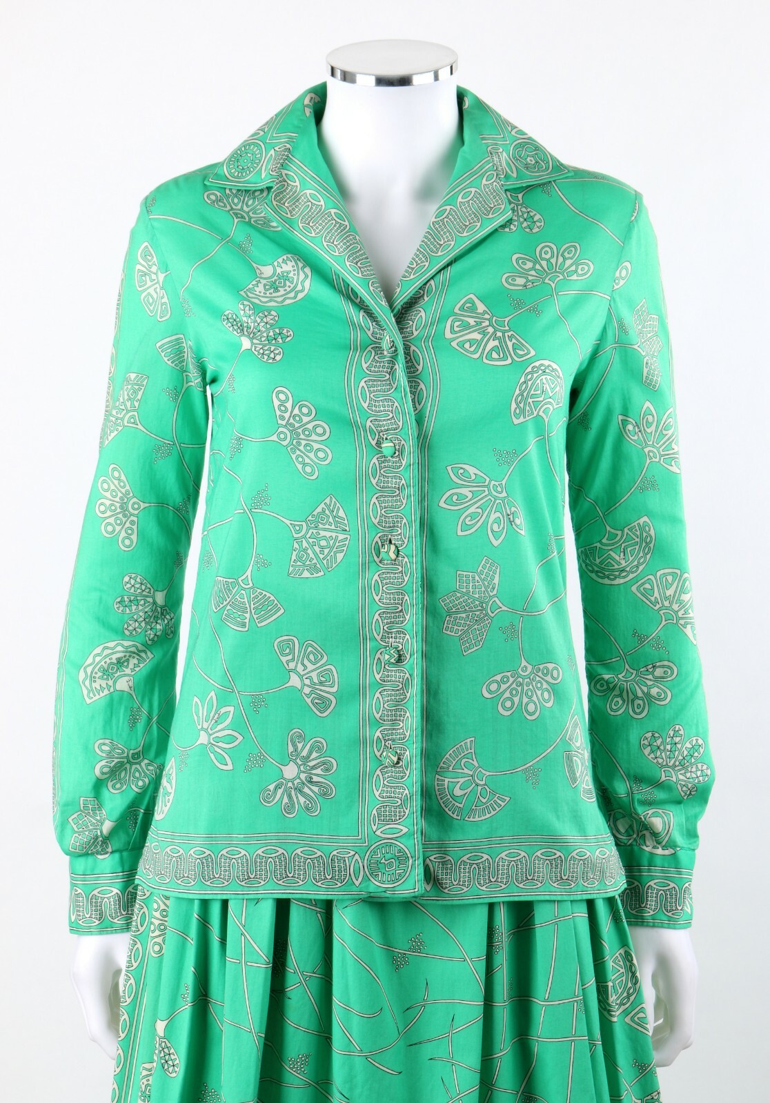 EMILIO PUCCI c.1976 « Chad » Print 2 Pc Green Cotton Shirt Skirt Dress Set