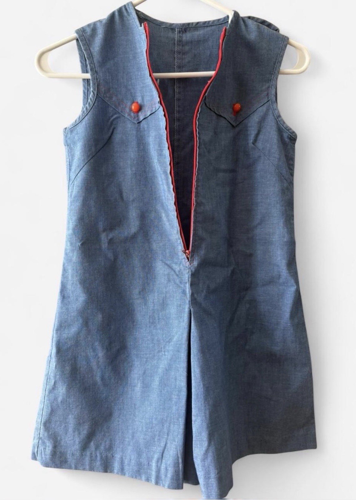 Vintage 60s Chambray Romper Skort Red Trim Sleeveless Mod Playsuit XS