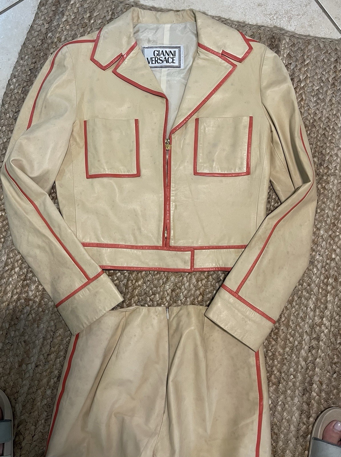 VTG Gianni Versace 2000 Leather Pant Suit 42 Nappa Lambskin Lion Zip Tan Orange