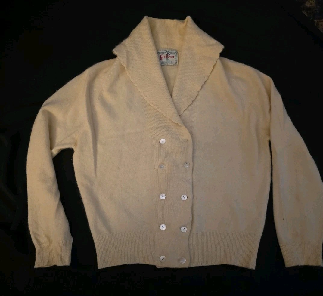 VTG 1940-50s Glenover Angora Wool Caridgan Sweater Ivory Shawl Collar S MINT
