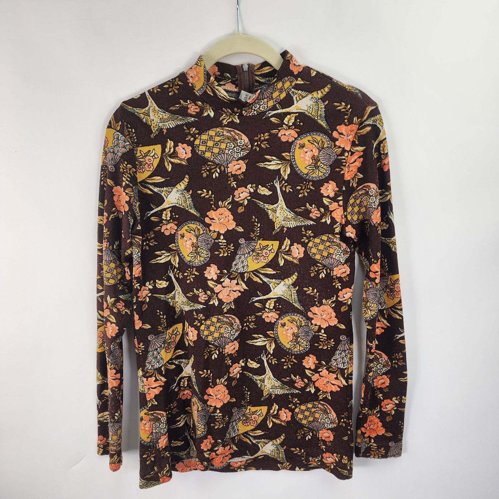Vintage NYLTest Boucle Mock Neck Pullover Top Women&rsquo;s Brown Floral 1970s Germany