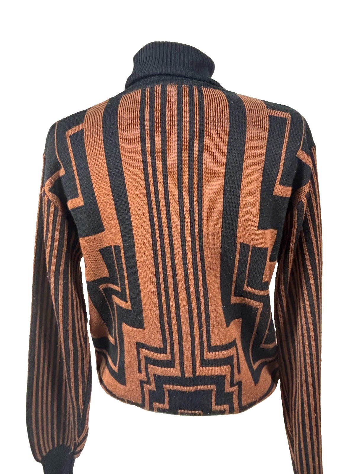 VTG Ackermann Art Deco Sweater Brown Black Geometric Knit Mock Neck Womens Sz 42