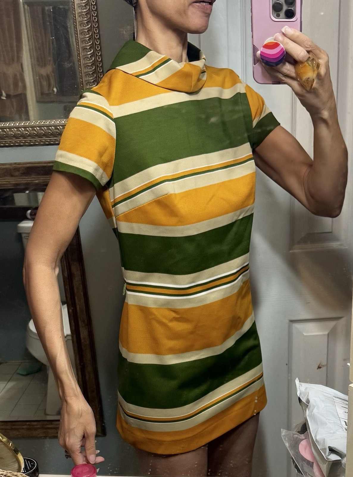 Vtg Micro Mini Toni Todd Hi Neck Stripe Colorblock 60s Dress Polyester XS S Mod