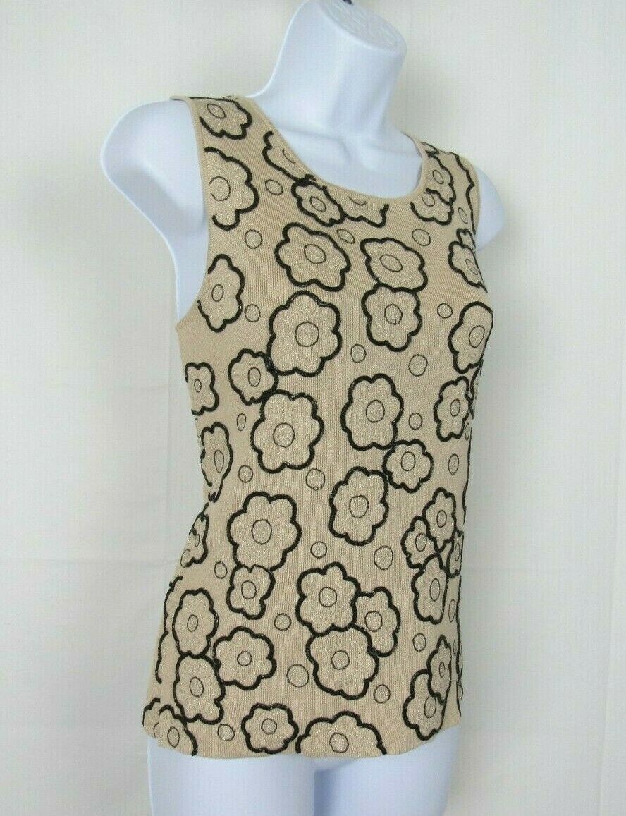 VTG 1990s 2000s MOD ANN TAYLOR SILK BEADED SLEEVELESS TOP SIZE MEDIUM TAN BLACK