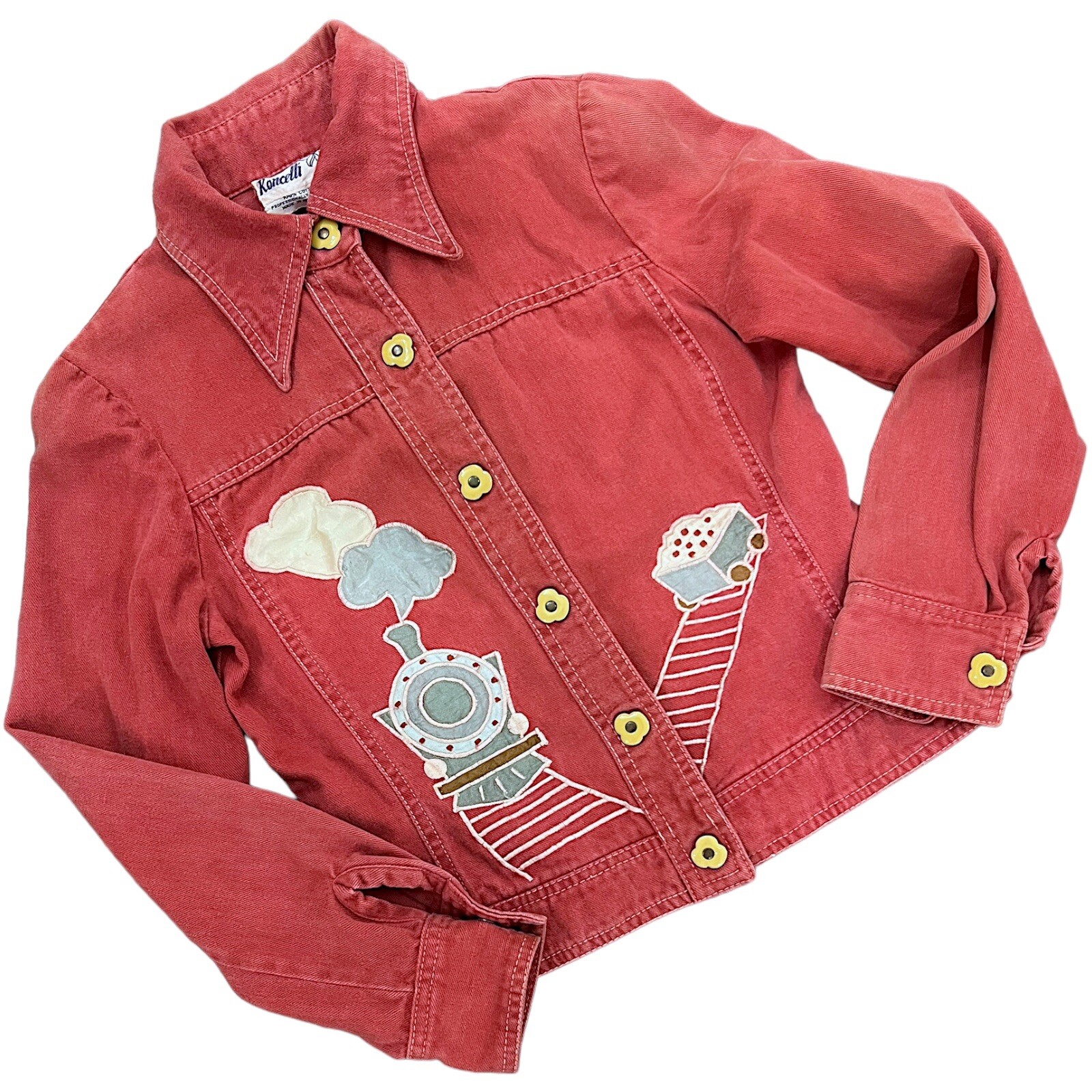 1970s Roncelli Denim Jacket Novelty Train Appliqué Vintage Top Wearable Art Sz S