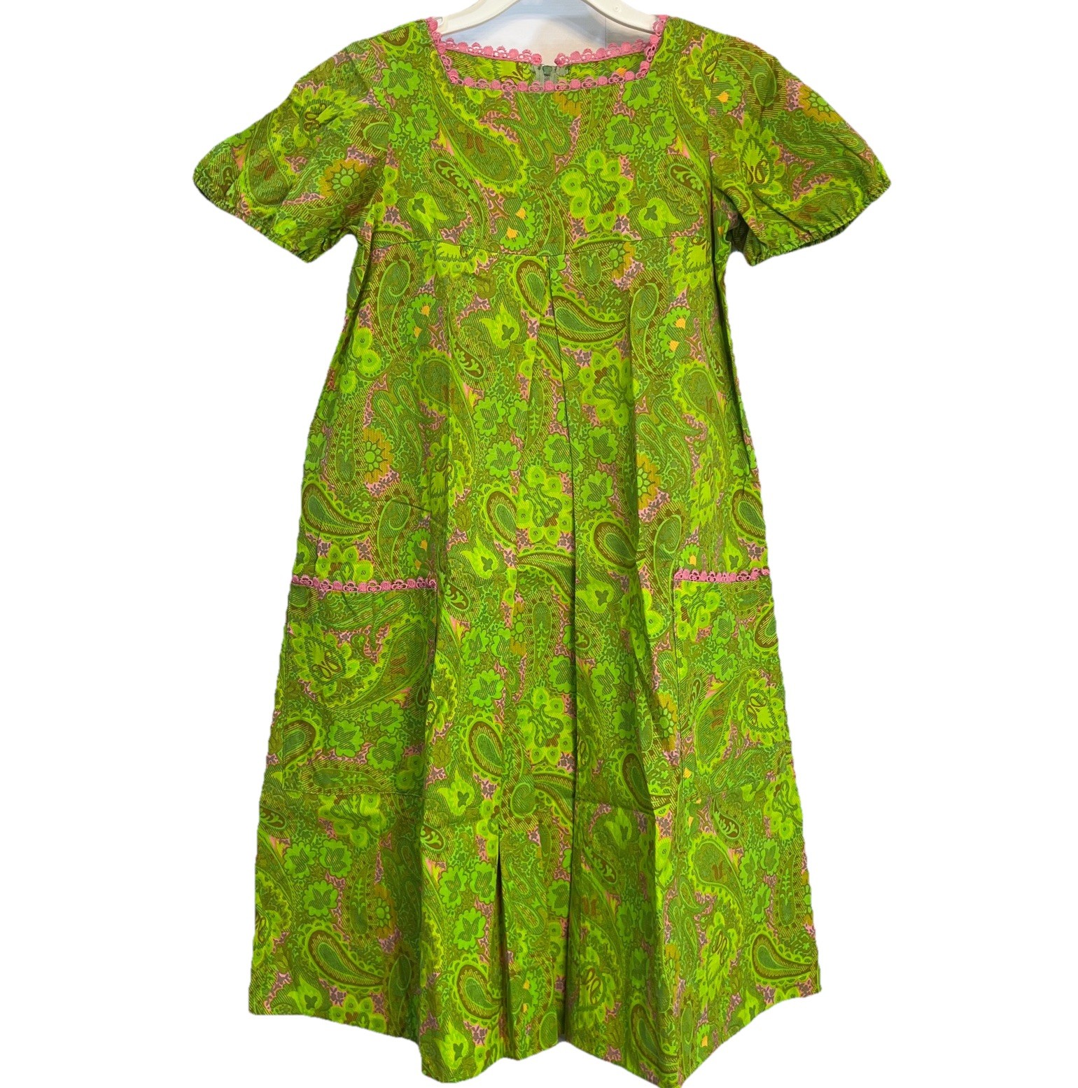 Vintage 1960s 70s XS Mod Day Glo Dress Green Pink Psychedelic Groovy Hippie MCM