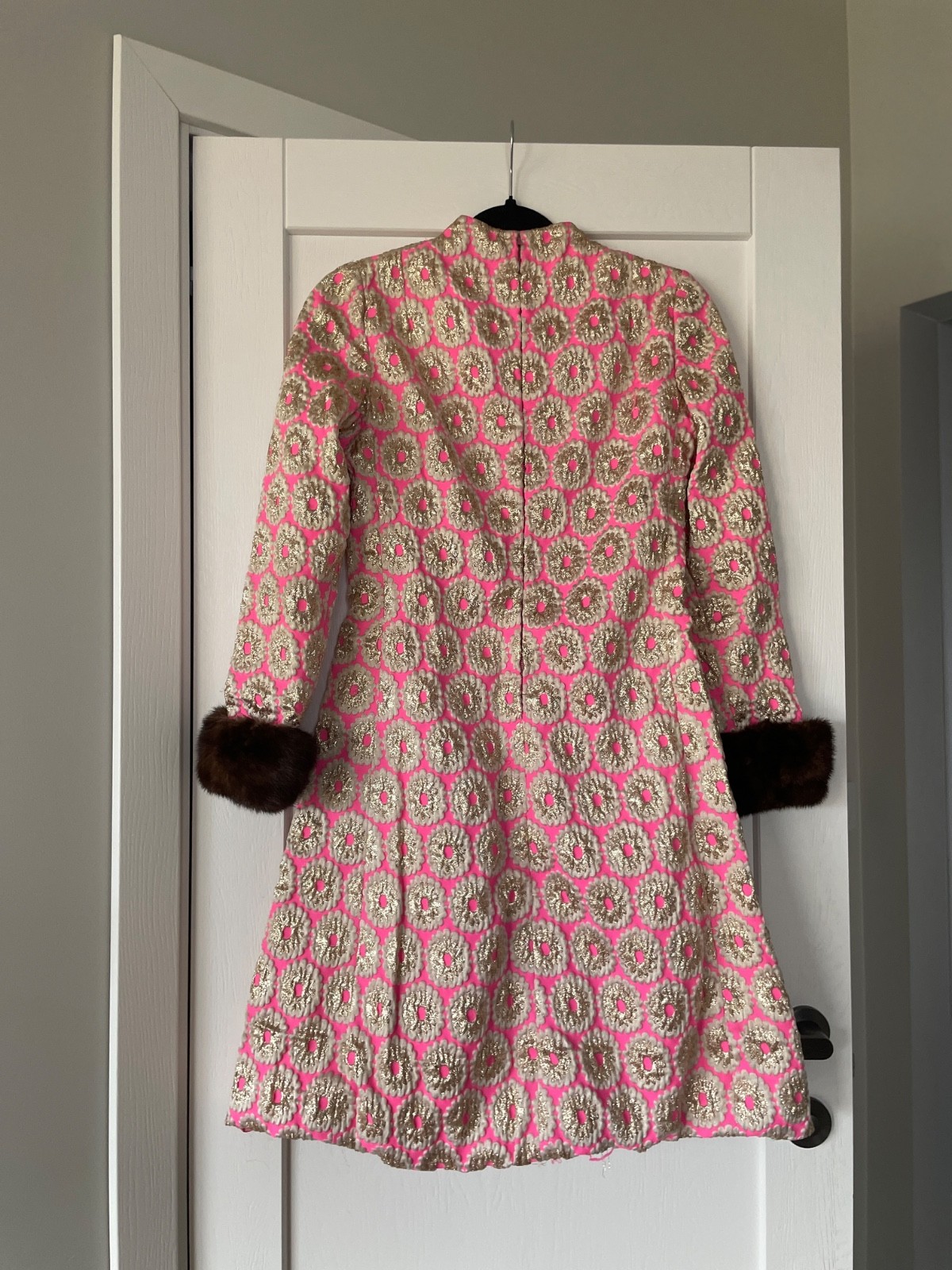 RARE Vintage Malcolm Starr pink gold brocade dress with fur cuffs