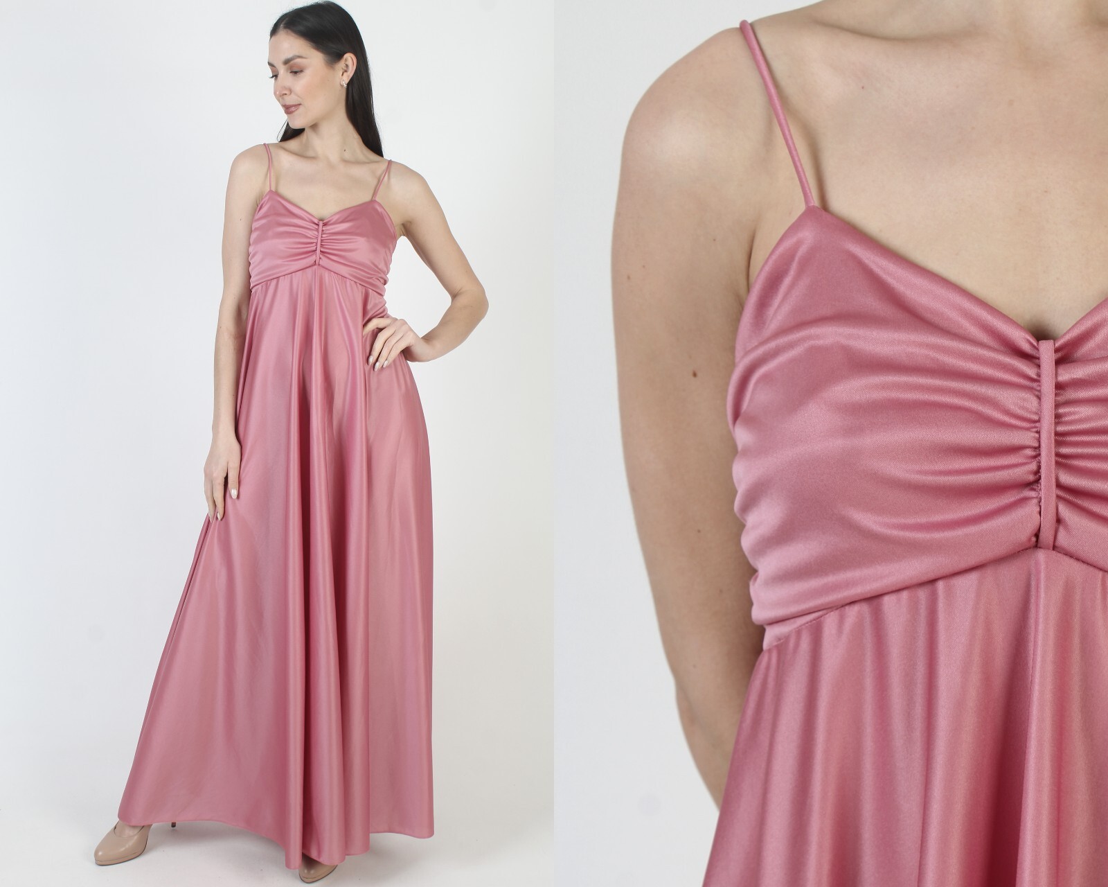 Vtg Pink Grecian Goddess Dress Long Spaghetti Strap Roman Toga Party Maxi Gown