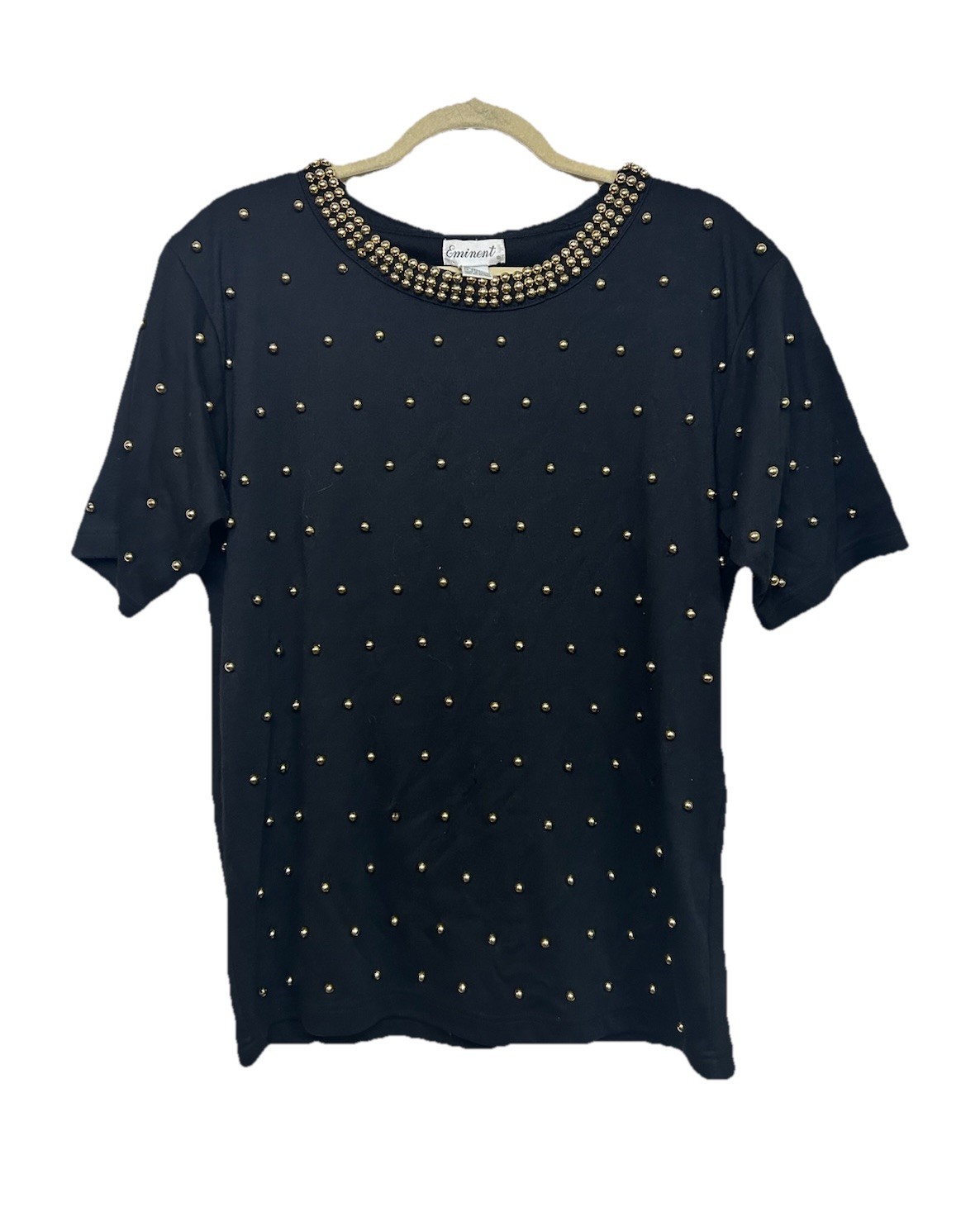VTG 80s Lisa Ashley Gold Ball Beaded Black T-Shirt Top Cotton Macau Made Medium