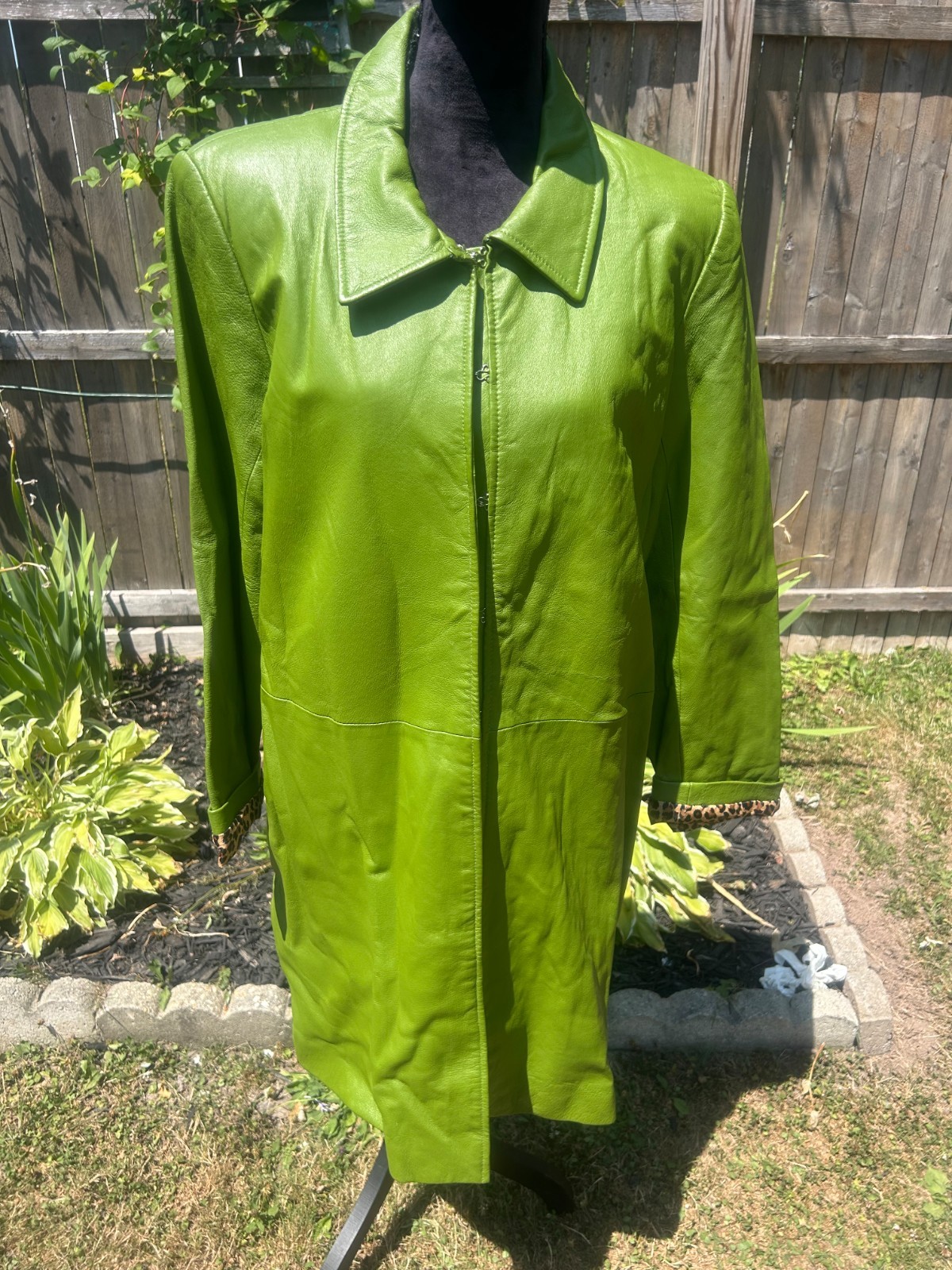 Vintage Newport News Green Leather Fabric Leopard Liner Coat/Jacket XL