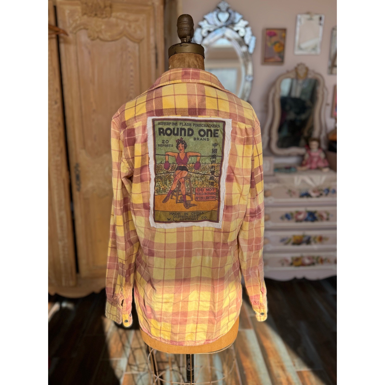 Upcycled Yellow Plaid Flannel Boxer Girl Patch Folk Art Shirt