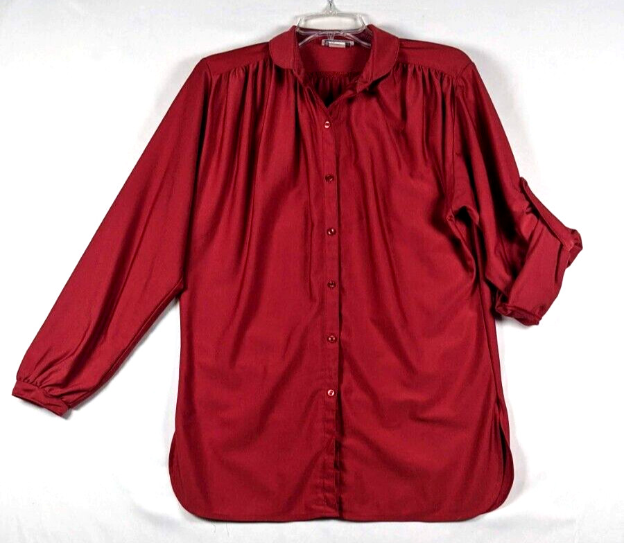 Vintage 70s Blouse Top Ship &lsquo;n Shore Sz 12 Red Button Up Roll Sleeves Flowy Soft