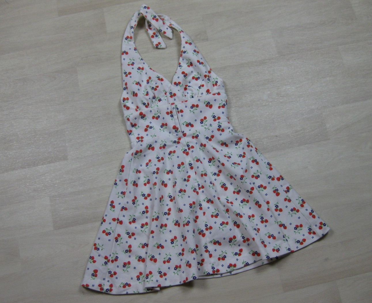 Vintage 70s Halter Micro Mini Swing Dress (XS) Open Back Strawberry Print Pinup