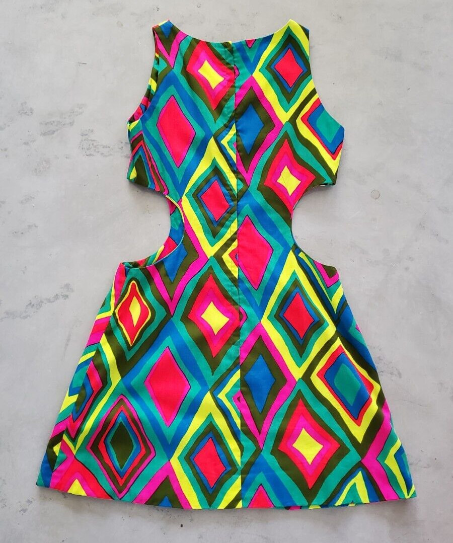 Vintage 60s PSYCHEDELIC Cutout Cotton Geometric Mini MOD GO-GO Beach Sun Dress S