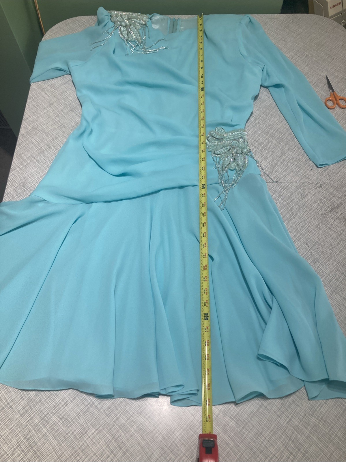 VTG 80s Abby Kent Aqua Mint Beaded Draped Cocktail Dress Ruched Fit Modern Small