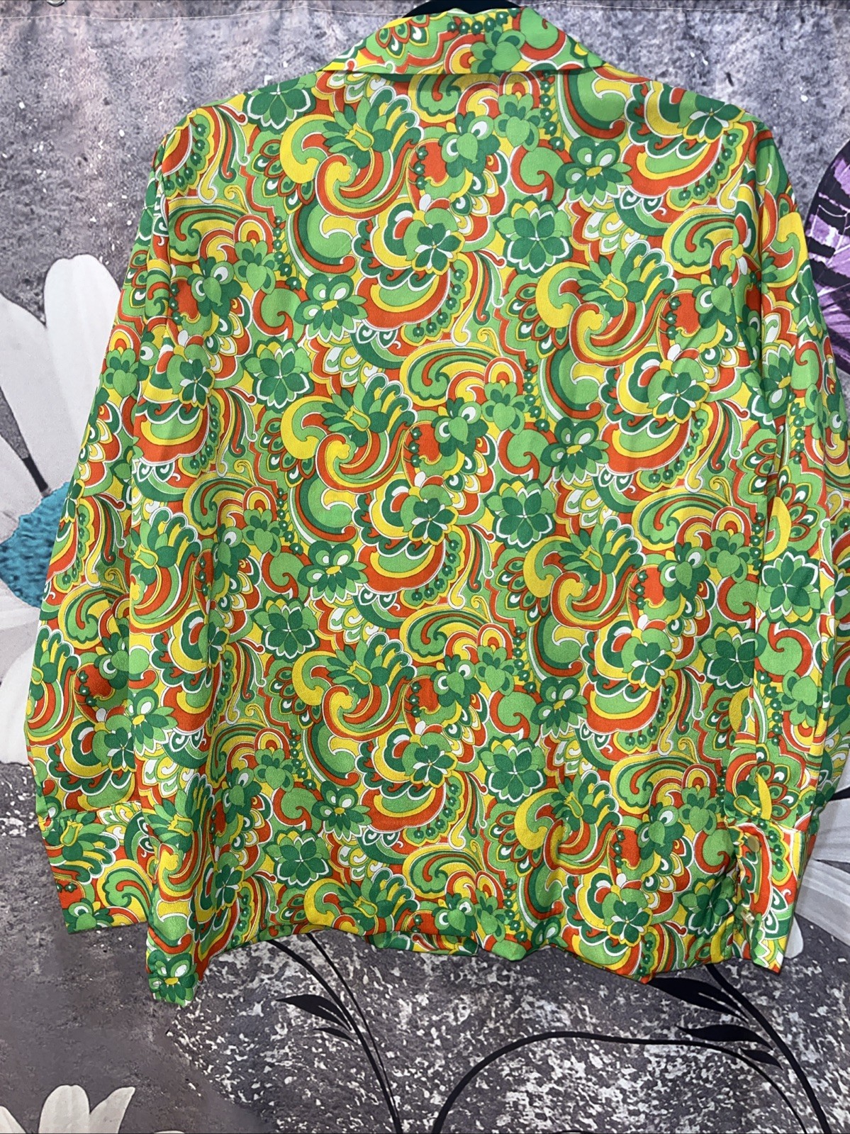 Vintage Bright Green Yellow Red Mod Flower Power Poly Long Sleeve Womens Shirt