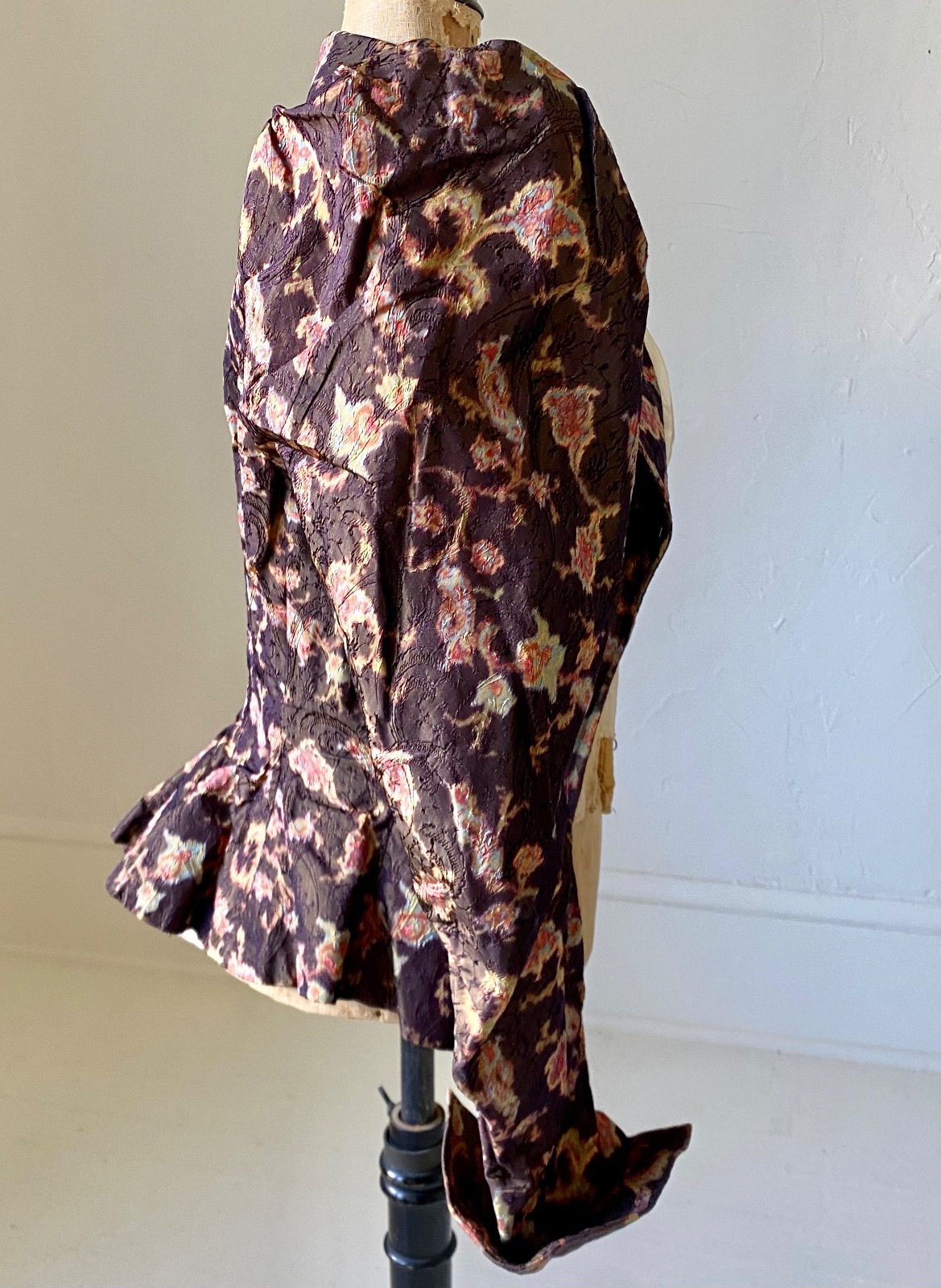 1890s Silk Jacquard Bodice Watercolor Print Puff Sleeves Antique Victorian XS