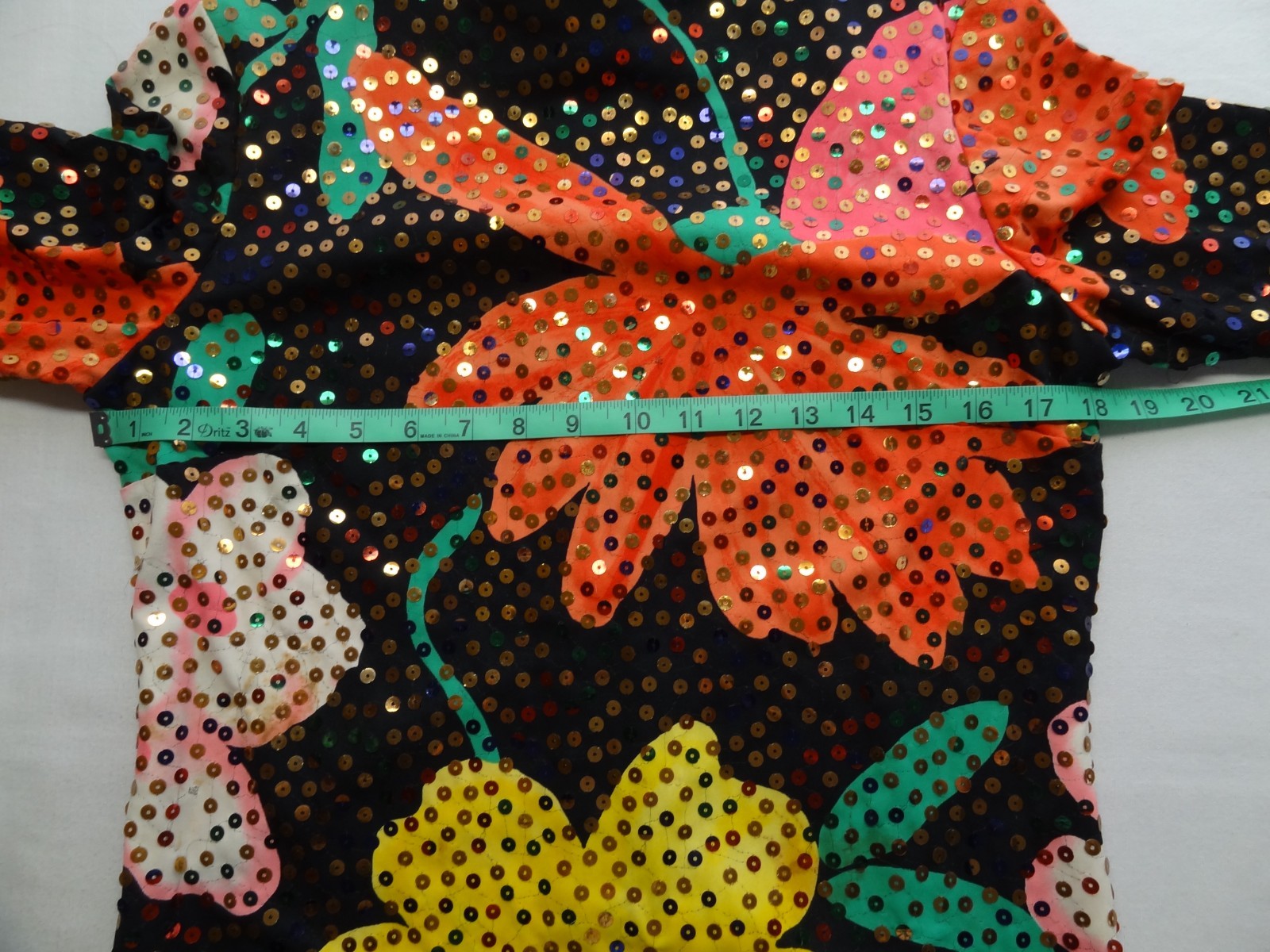 Anne Fogarty 16 Sequin Floral Long Sleeve Mod Dress ILGWU Union USA 60s 70s Boho
