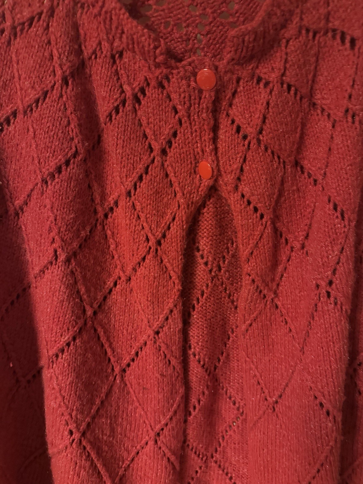 Vintage 1960-1970’s Red Hand Knit One Of A Kind Caplete With Fringe DiamondLace
