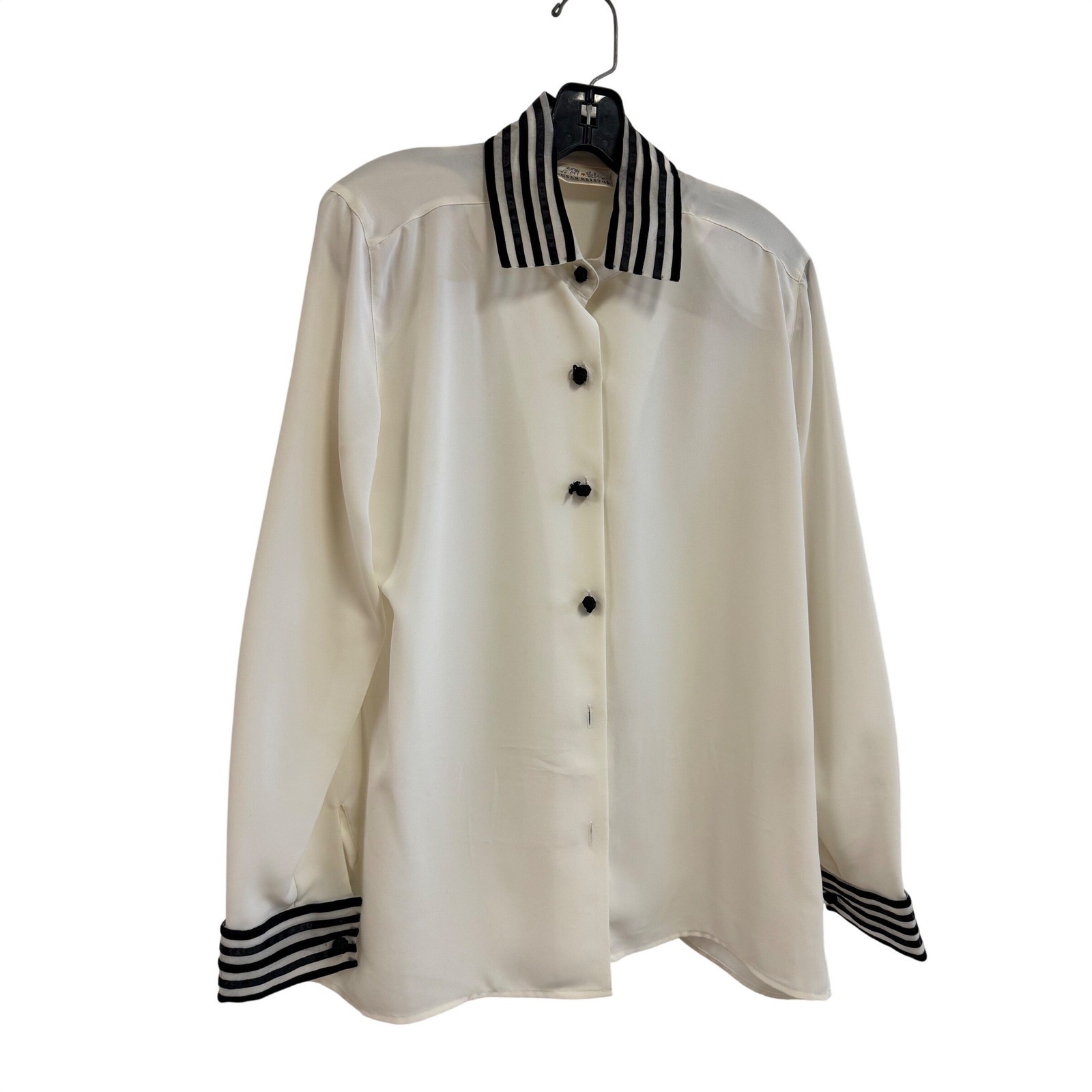 Susan Bristol Vintage Ivory White Striped Collar Knot Button Blouse Top Size 6