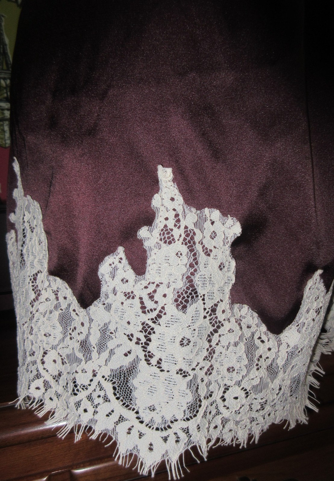 UB DEEP BURGUNDY mega LACE trim POLY SATIN silky sleep shorts IVORY LACE size XL