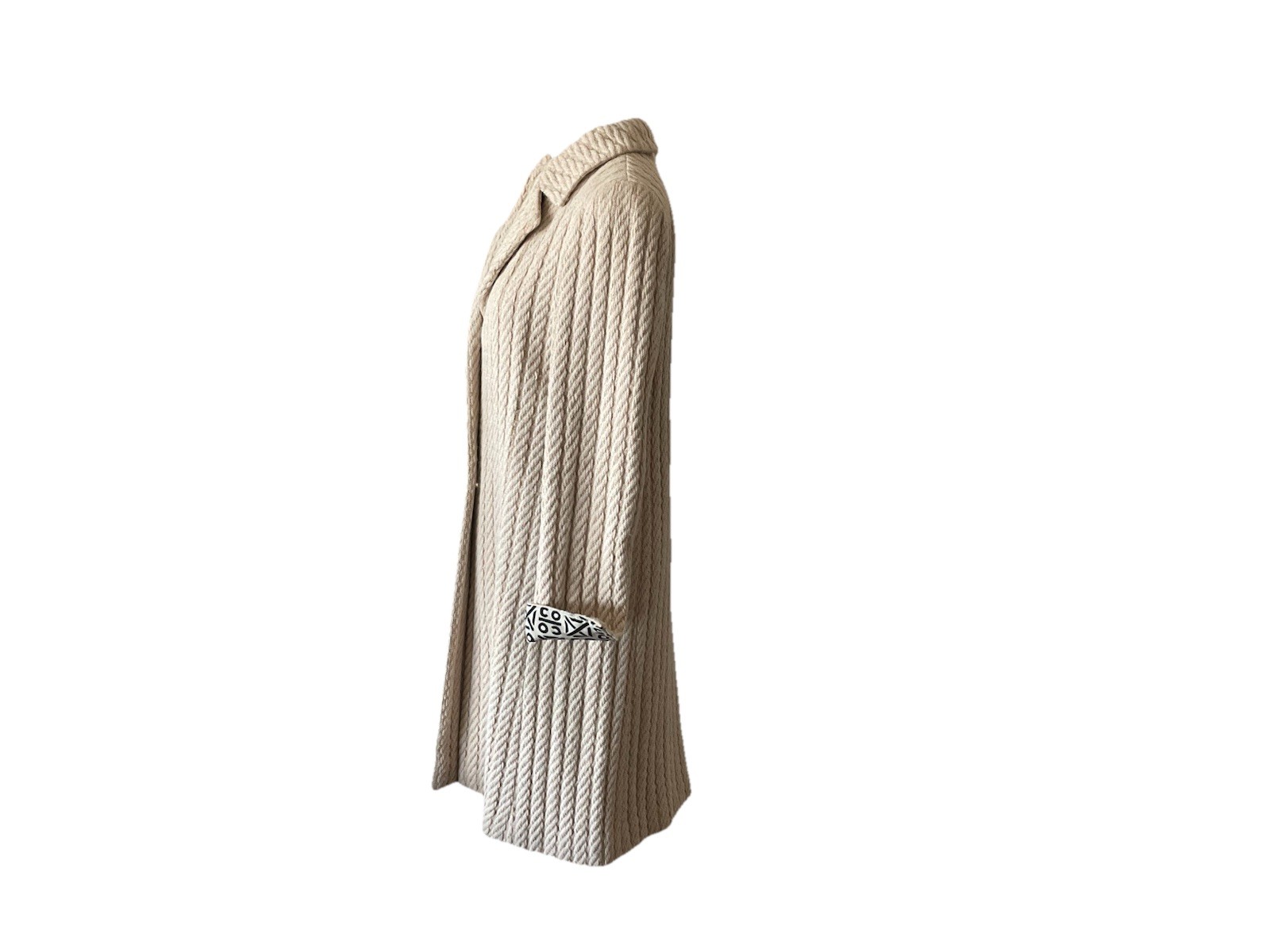 Vtg 2000 CHANEL Long Alpaca/Wool Knit Coat Beige+Taupe COCO Silk Lining Sz 38 (6