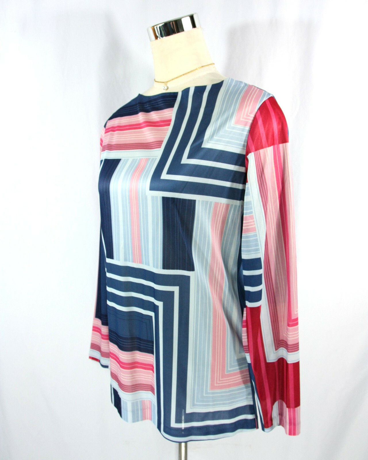 Vintage Lady Blair Abstract Zig Zag Stripes Boat Neck Tunic Top Blue 1970s M