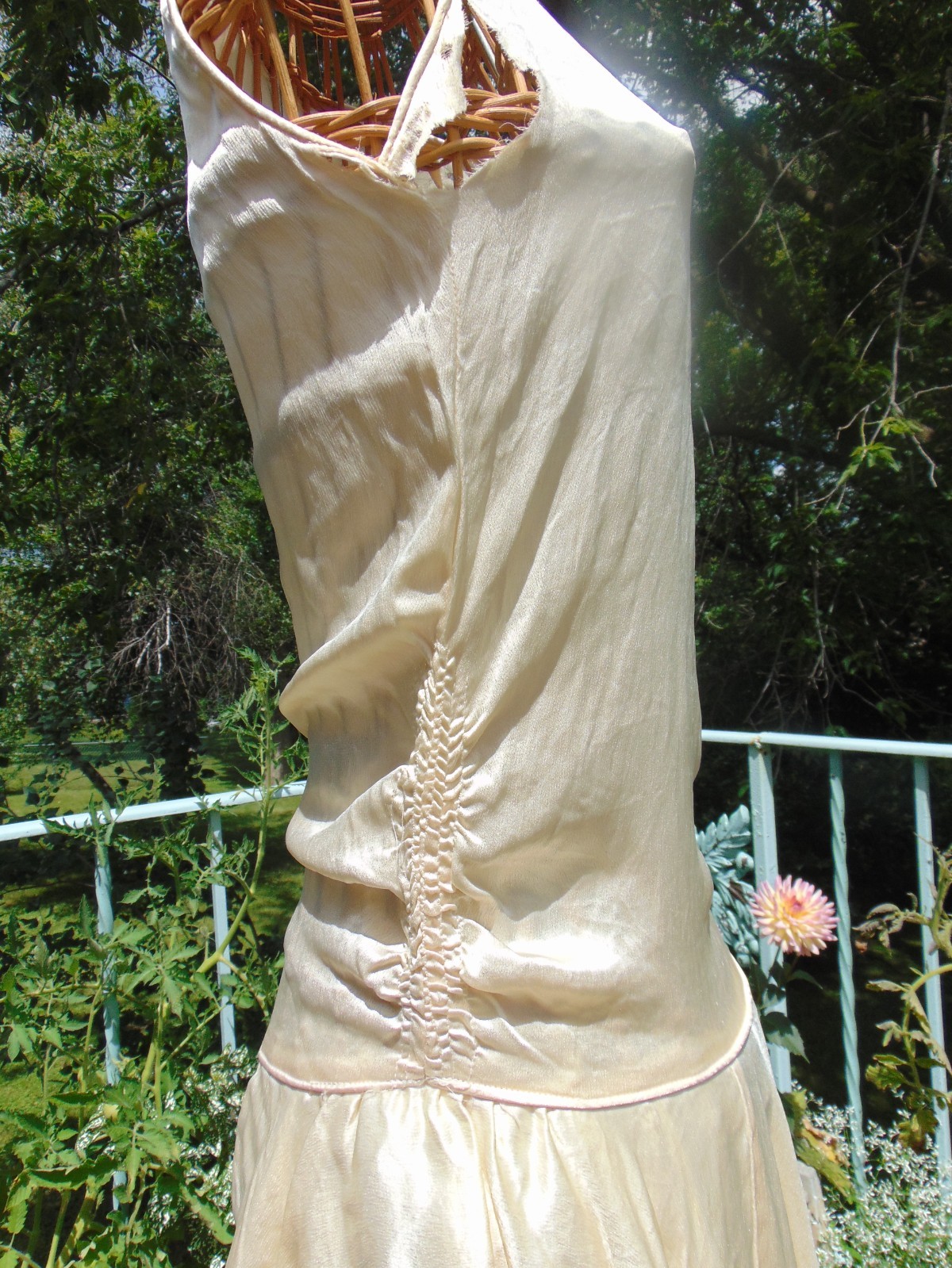 1920s Champagne Satin & Lace Robe de Style Wedding Dress AS IS