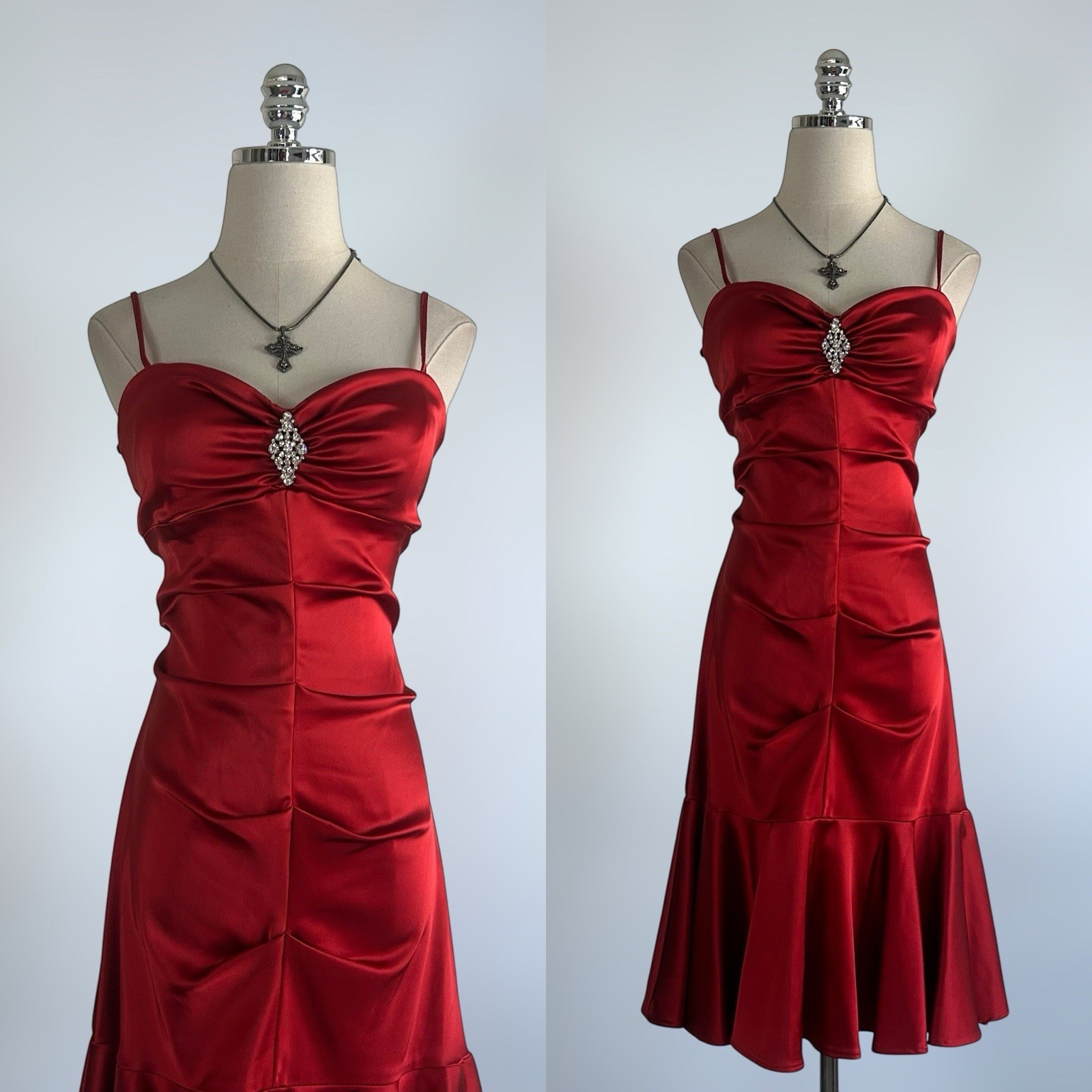 Vintage 90s Y2k NWT Gorgeous Red Ruched Drop Waist Embellished PROM Dress