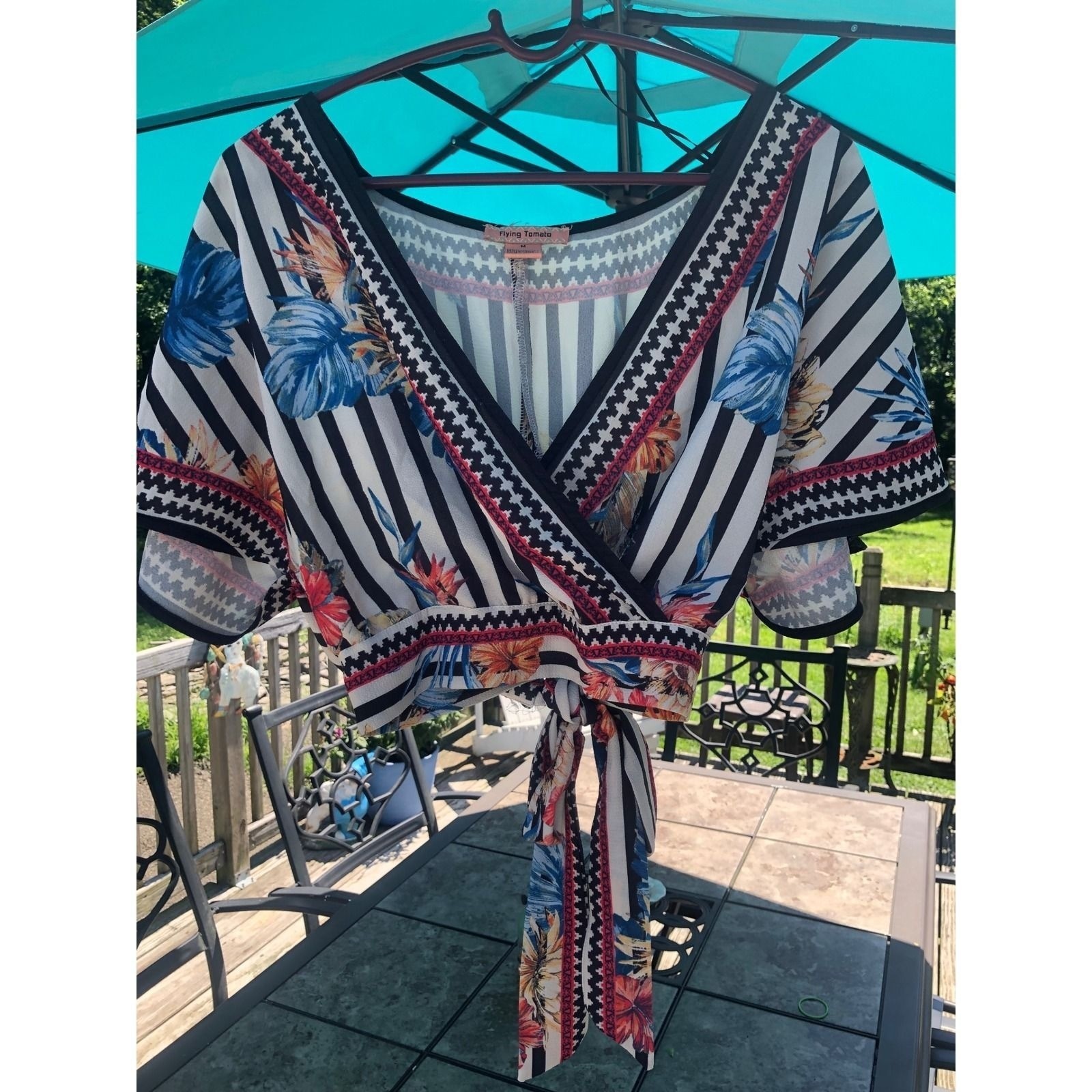 Flying Tomato indie Floral Stripe Tie Front Crop Top Boho V-Neck Blouse Medium