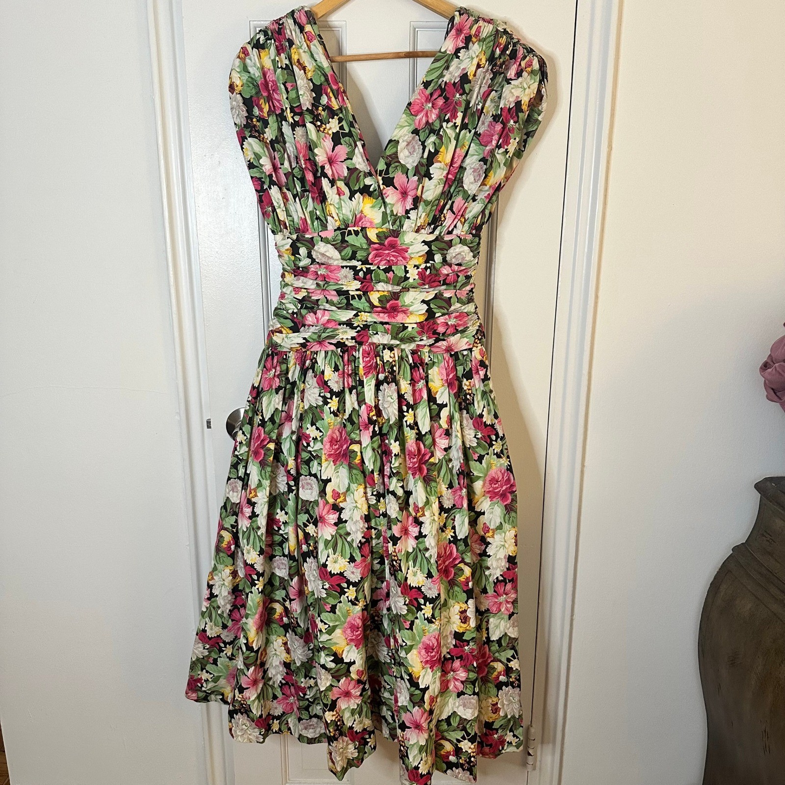 Vintage Patty O&rsquo;Neil Ruched Floral Midi Tea Dress Petticoat 80s Cottagecore S