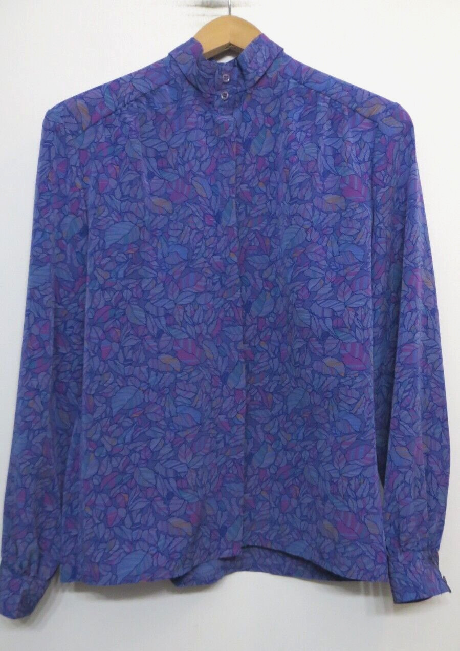 Vintage Look Shirt Womens Blouse Purple Blue Violet Multicolor Button Up Top