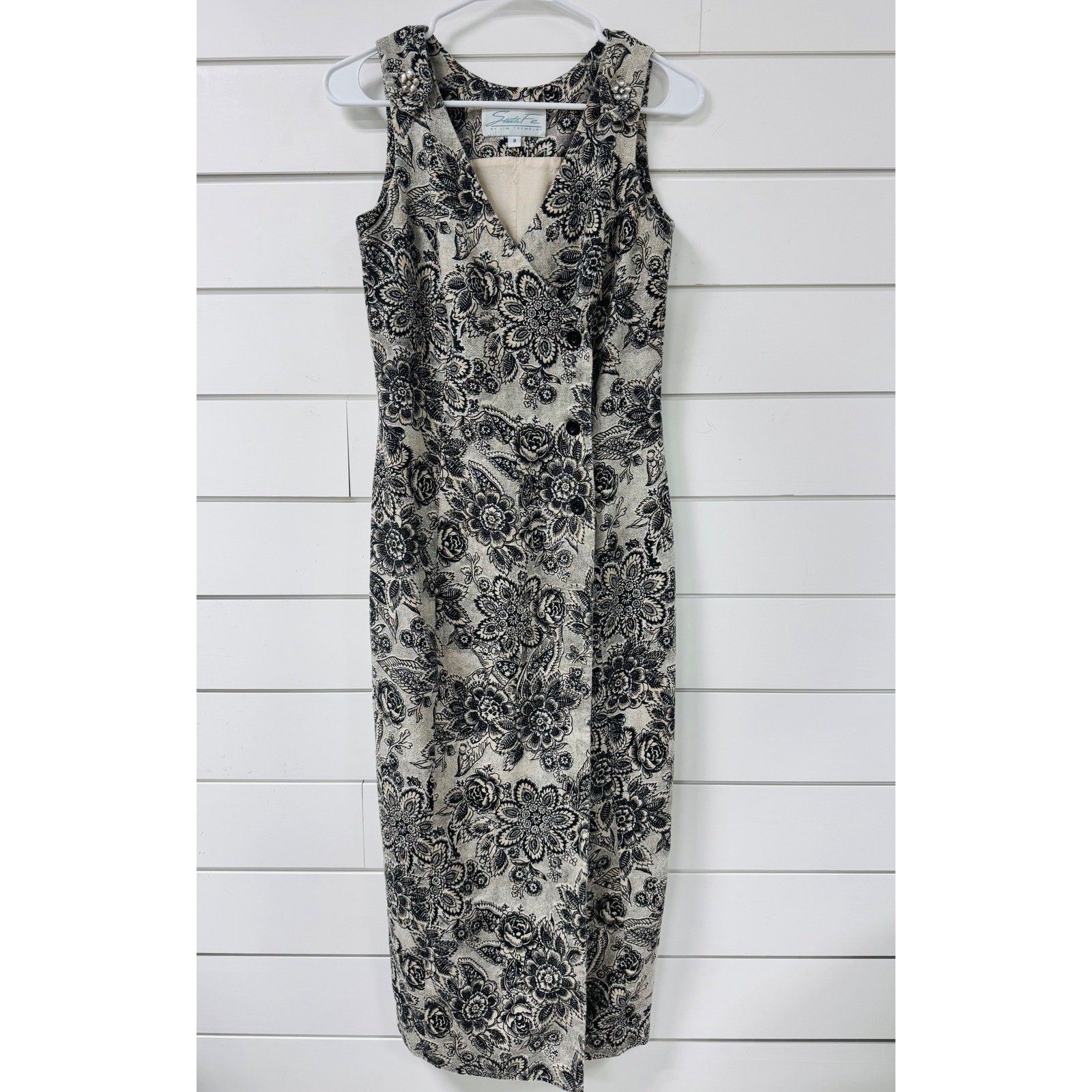 Santa Fe Jim Tremblay Vintage Floral Linen Blend Sheath Dress Black Beige Sz 8