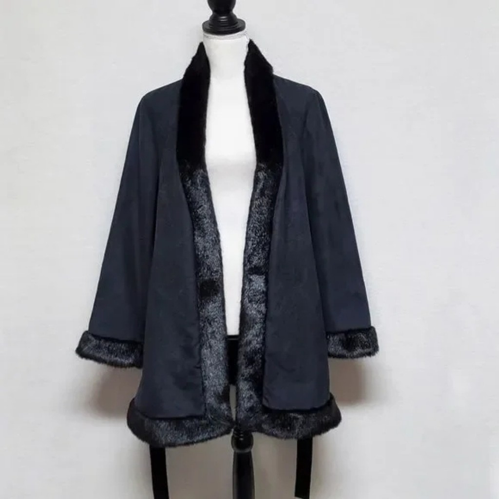 80s Vintage Extra Point by Reference Point Black Faux Suede Faux Fur Belted Coat