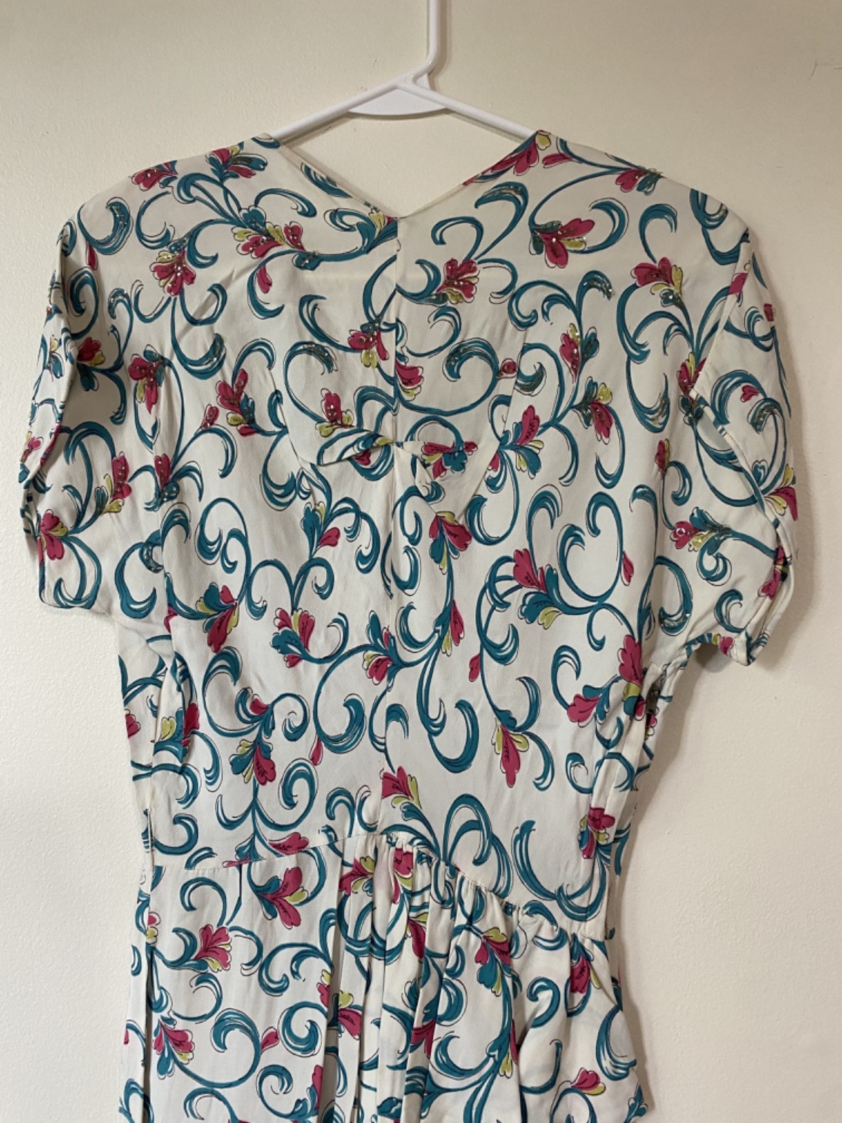 RARE Vintage 1940s Women&rsquo;s Handmade Floral Rayon Dress with Sequin Details