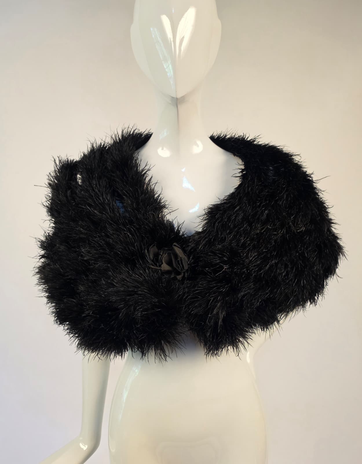 VICTORIAN 19TH C BLACK OSTRICH FEATHER CAPE FOR DRESS W SILK BOW FRONT