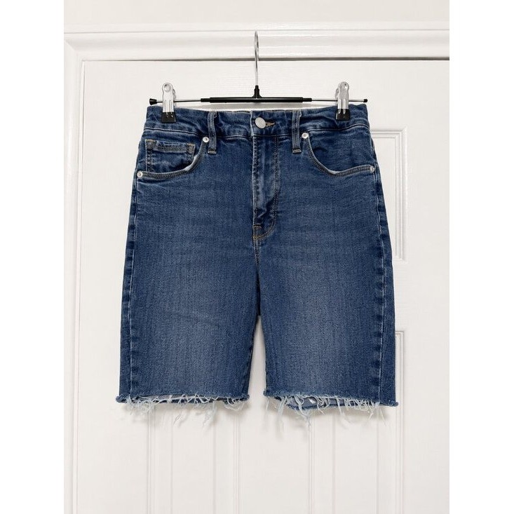 Good American Good 90s Bermuda Denim Shorts Raw Hem Blue Wash High Rise Size 4