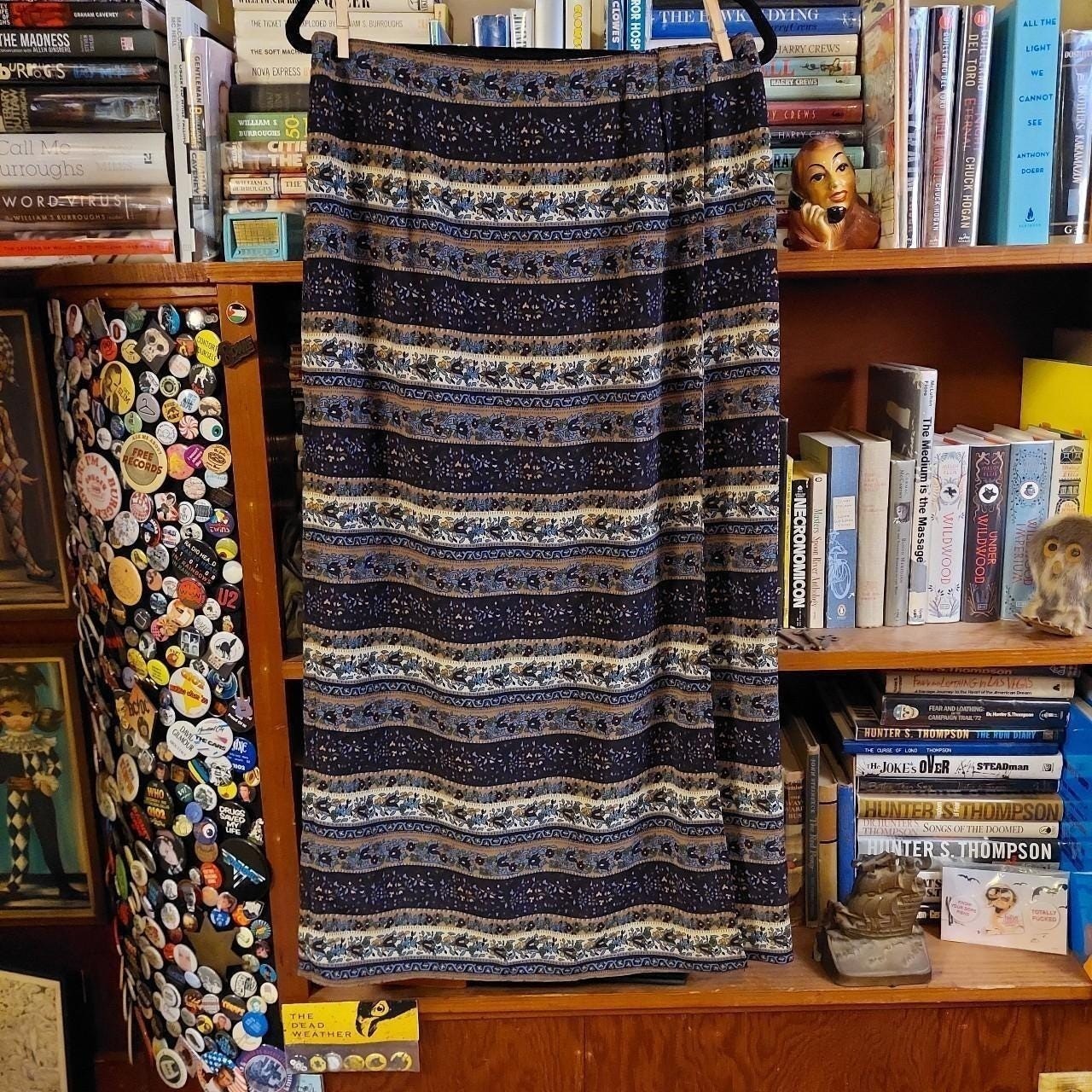 Vintage blue, tan, green, and white floral striped long skirt.