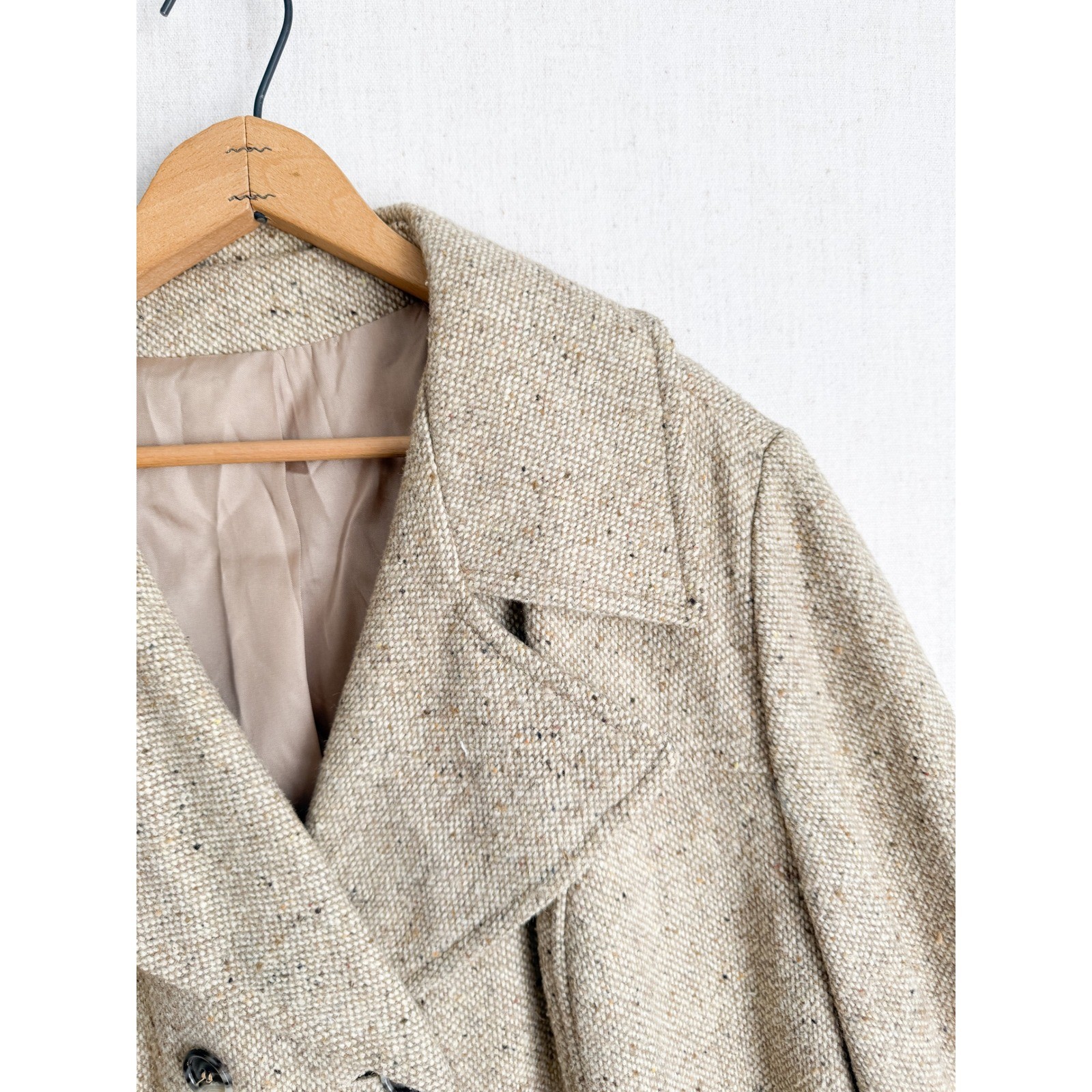 Vintage Oatmeal Tweed Double Breasted Long Coat Gold Back Detail Beige Womens