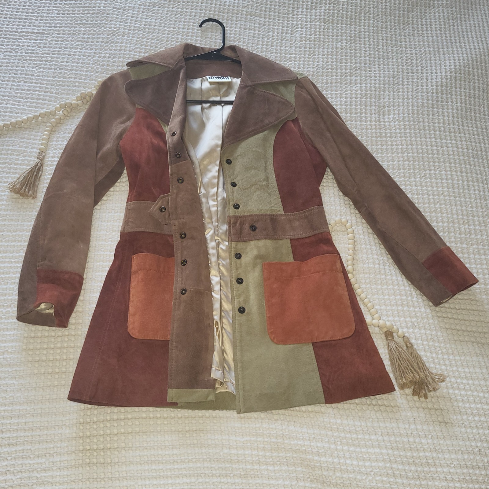 Vintage Patchwork Suede Belted Jacket Mod GoGo Zip Pockets Multicolor Size Small