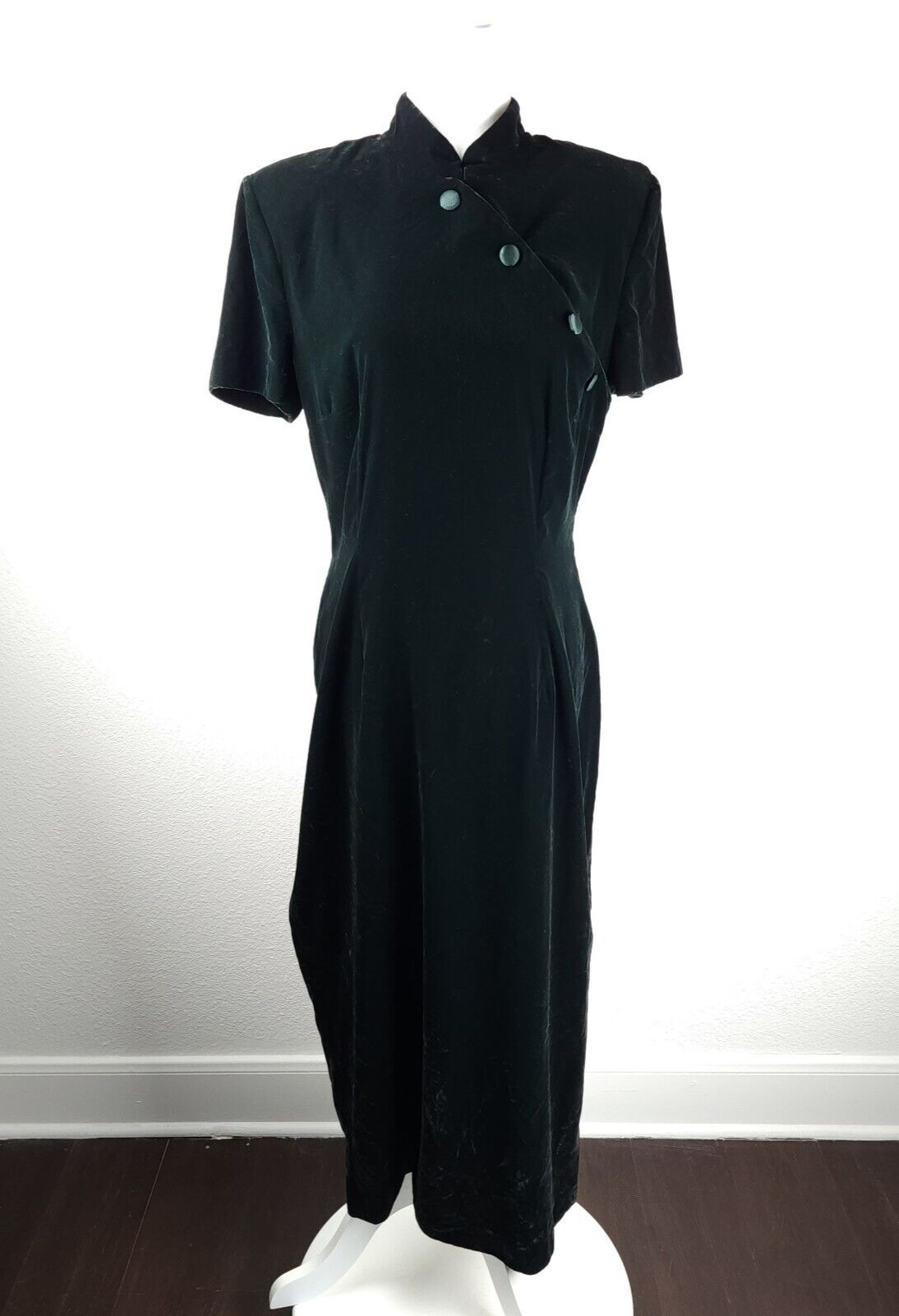 Vintage 90s Maggy London Black Velvet Cheongsam Evening Dress Side Slit 12 ~M/L