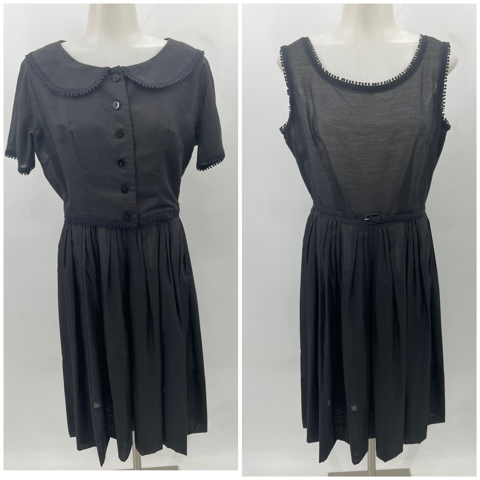 Vintage L’Aiglon Black Fit Flare Party Day Dress Full Skirt 3 Piece Set MOD