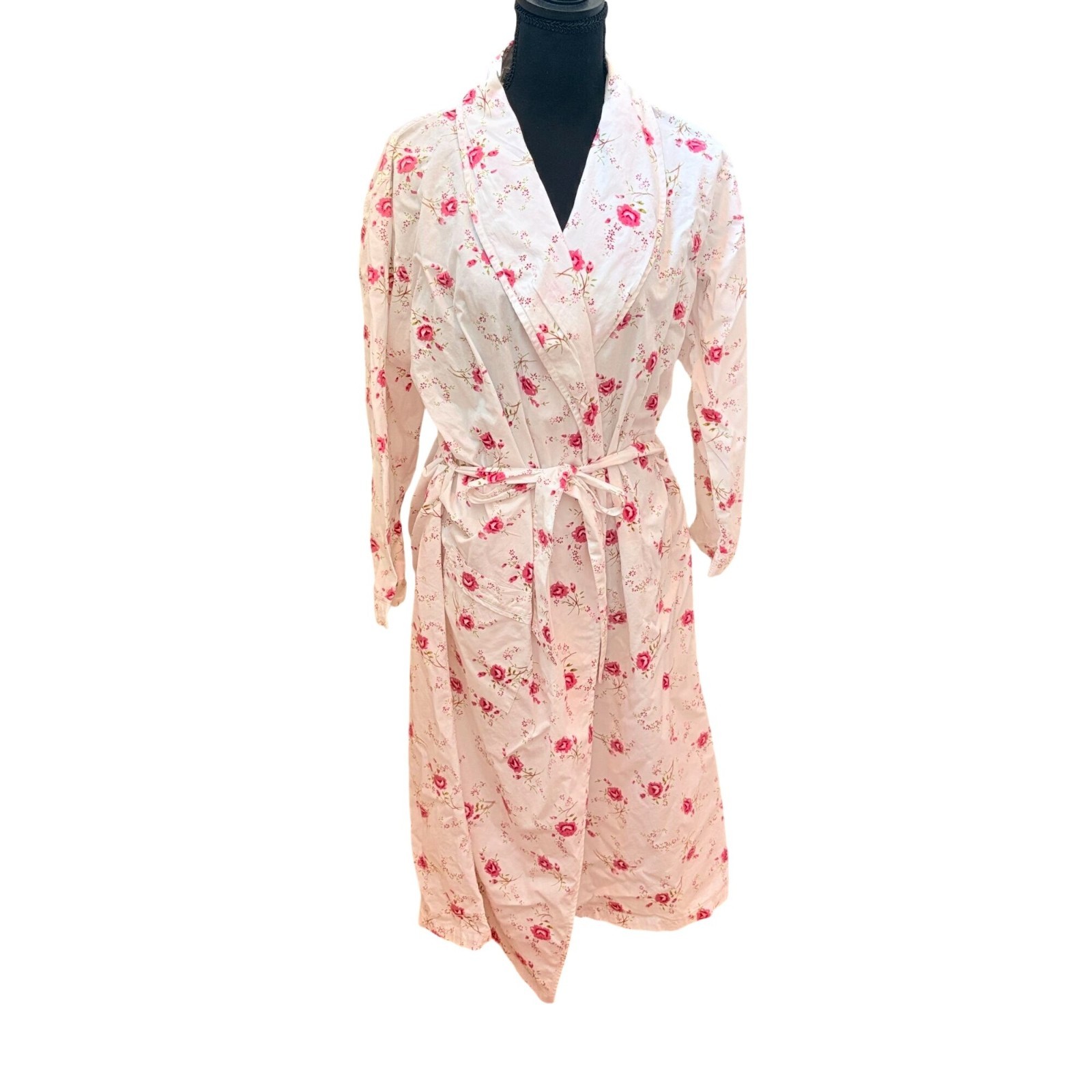 Vintage Powell Craft Womens White Pink Floral Cotton Robe Belted Waist – Size M