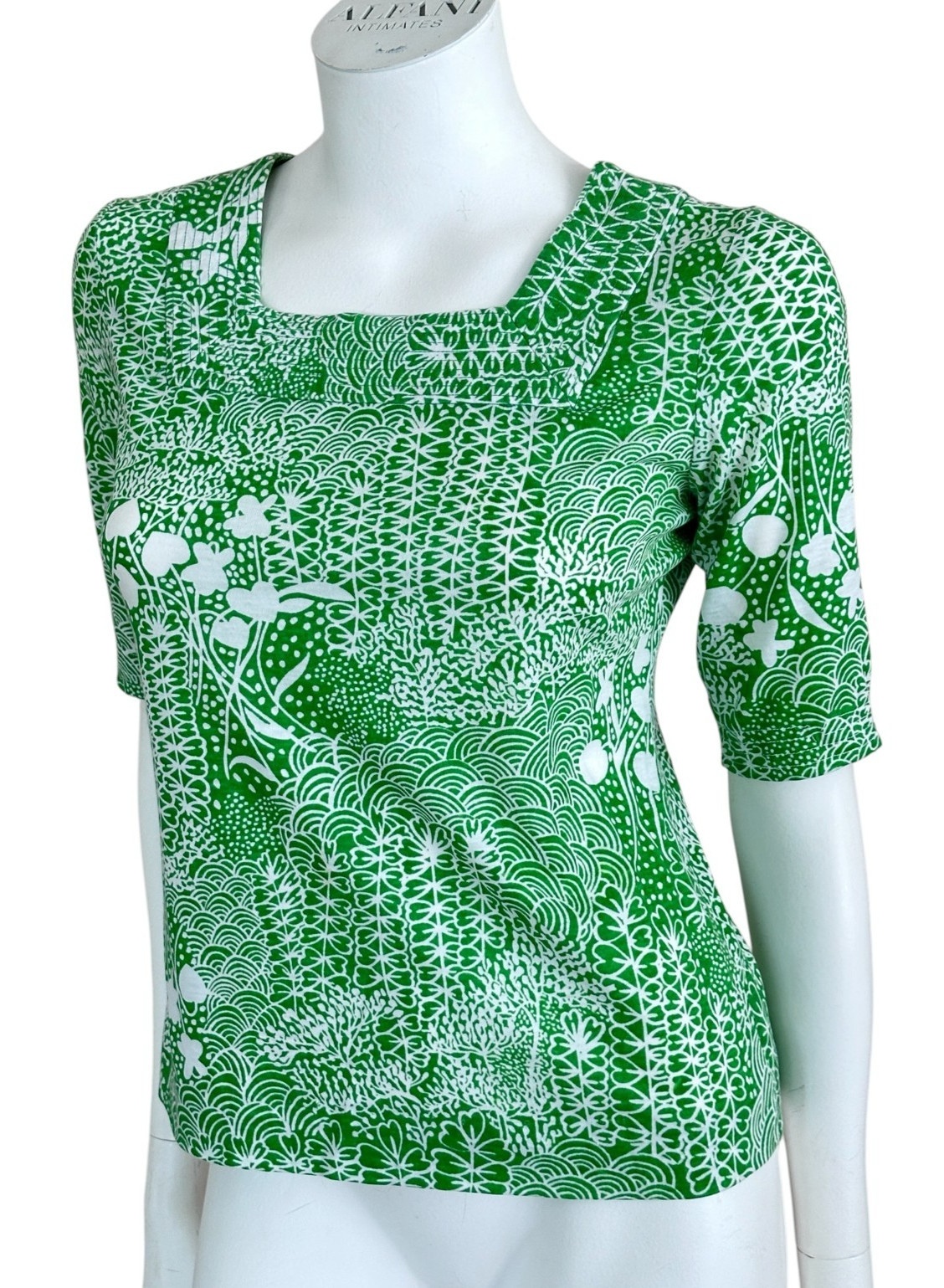 Vtg 70s Ditsy Geometric Floral Print Top Size S Square Neck Cotton Green White