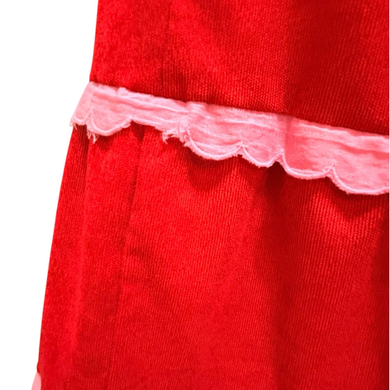 Handmade Cottagecore Red Corduroy Midi Dress Pink Scallop Trim Size M OOAK Art!!