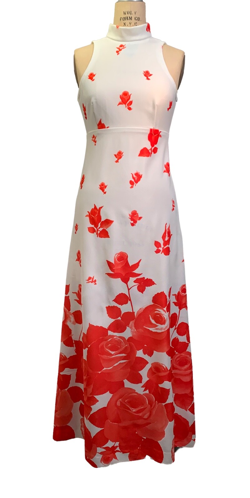 Vintage Pop Art White Polyester Gown with Red Roses – 2-Piece Ensemble – Sz S