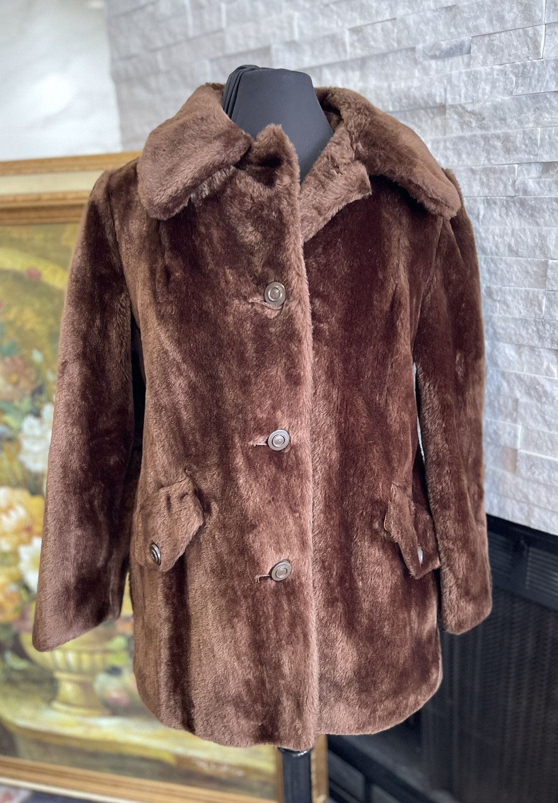 70s Sears Fashions Teddy Bear Double Breasted Coat Faux Fur Sherpa Brown