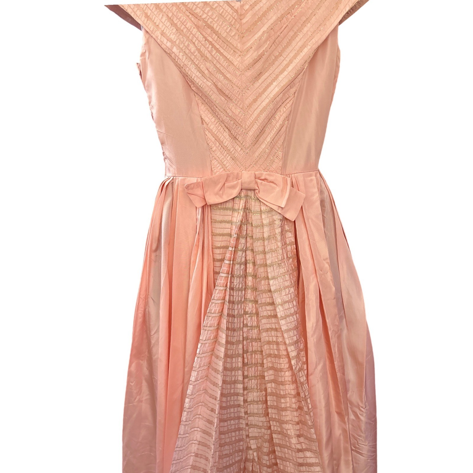 1950s Unbranded Taffeta Dress Portrait Collar Mid-Century Pink Retro Prom